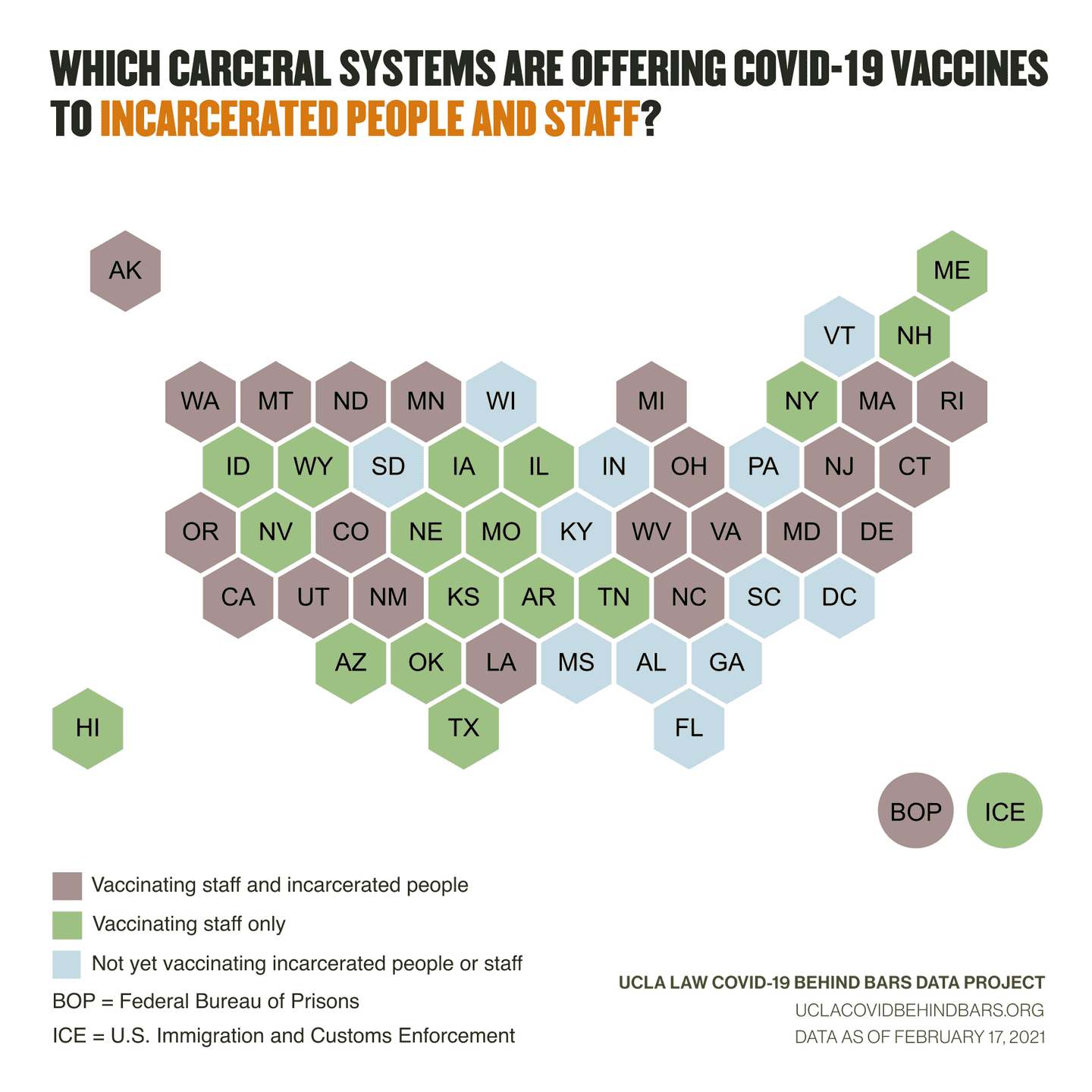 Map of state and federal carceral agencies who are offering COVID-19 vaccines to incarcerated people and staff.