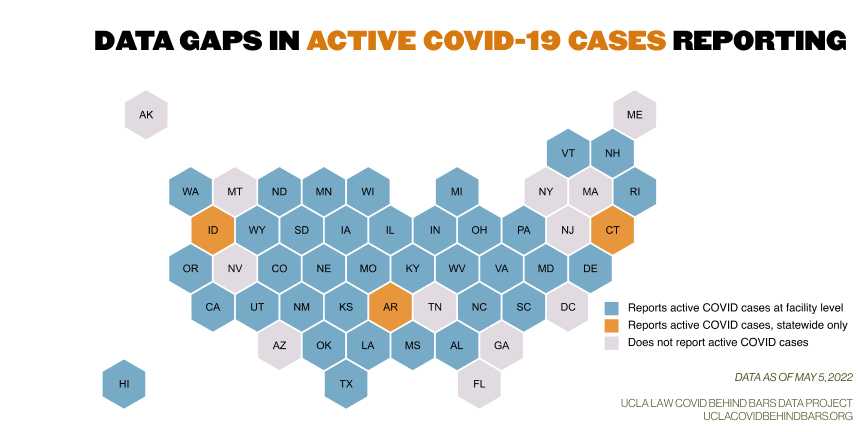 Map showing which states do and do not report active COVID cases among incarcerated people